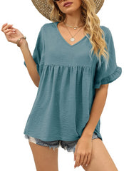 ✨Womens Tops Casual V Neck Ruffle Sleeve T Shirts Babydoll Loose Fit Peplum Tops