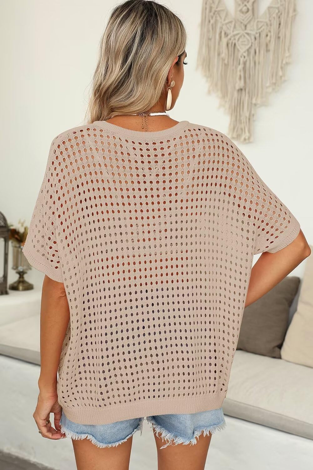 ✨Womens Summer V Neck Short Sleeve Button Down Sweater Casual Crochet Hollow Out Knit Tops Beach Coverup (Buy 2 Free Shipping!!!)