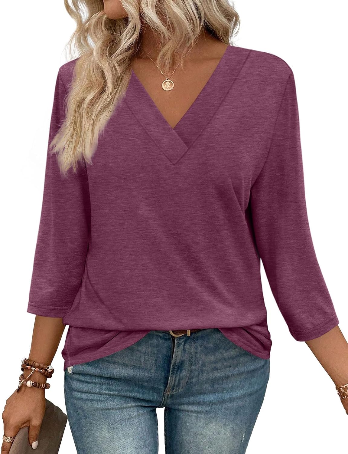 ✨Women's Trendy V Neck 3/4 Long Sleeve Tops Loose Fit Blouse (Buy 3 Free Shipping)