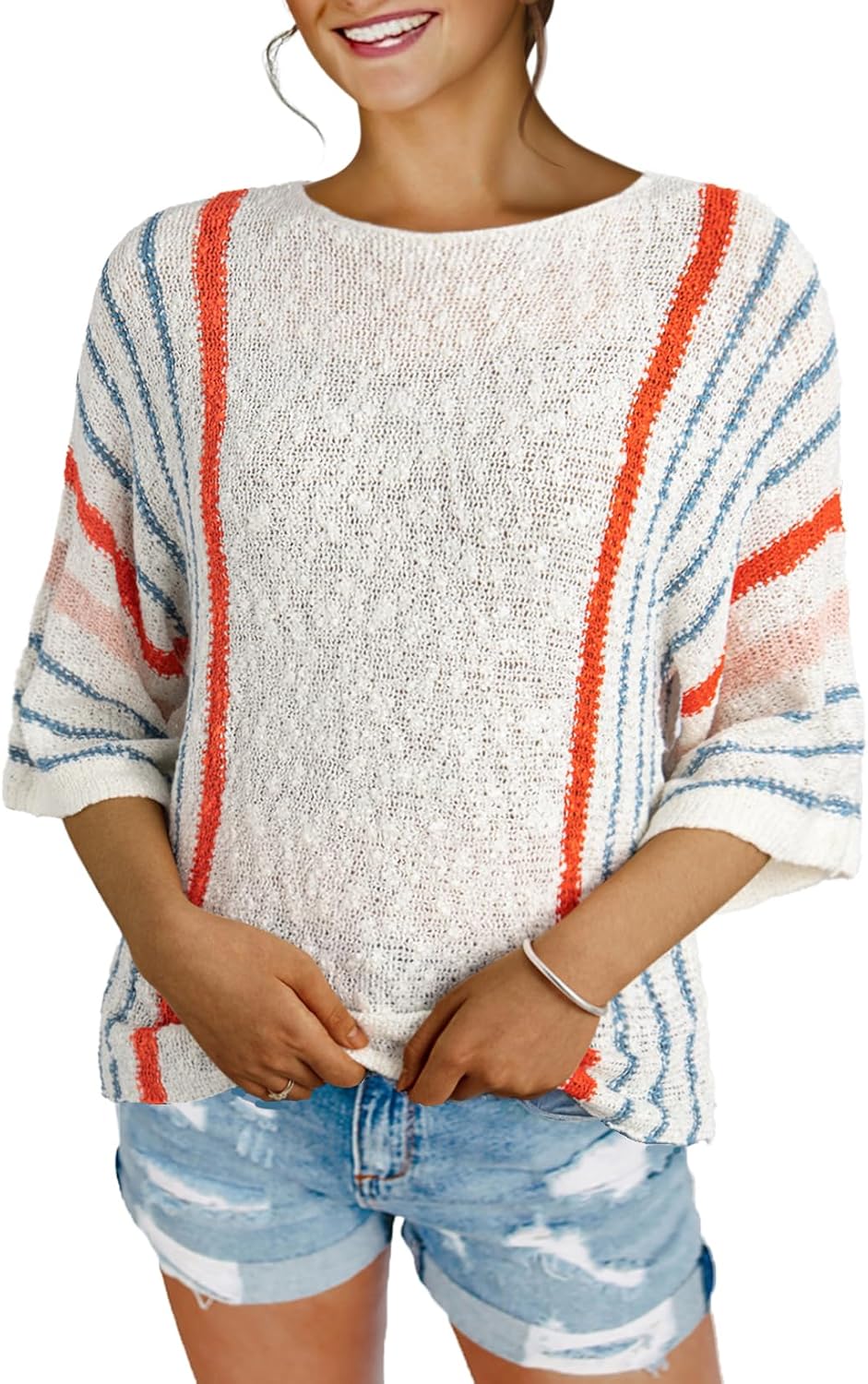 ✨Hot Sale-Women's Casual Color Block Striped Cable Knit Boho Sweater(Buy 2 Free Shipping)