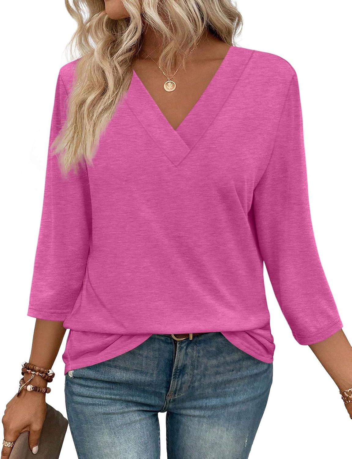 ✨Women's Trendy V Neck 3/4 Long Sleeve Tops Loose Fit Blouse (Buy 3 Free Shipping)