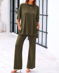 CLEARANCE SALEš„Casual 2-Piece Loose-Fit Short Sleeve Top & Wide-Leg Pants Set with Pockets