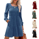 🔥Womens Square Neck Long Sleeve Fall Dresses Casual Babydoll Sweater Dress