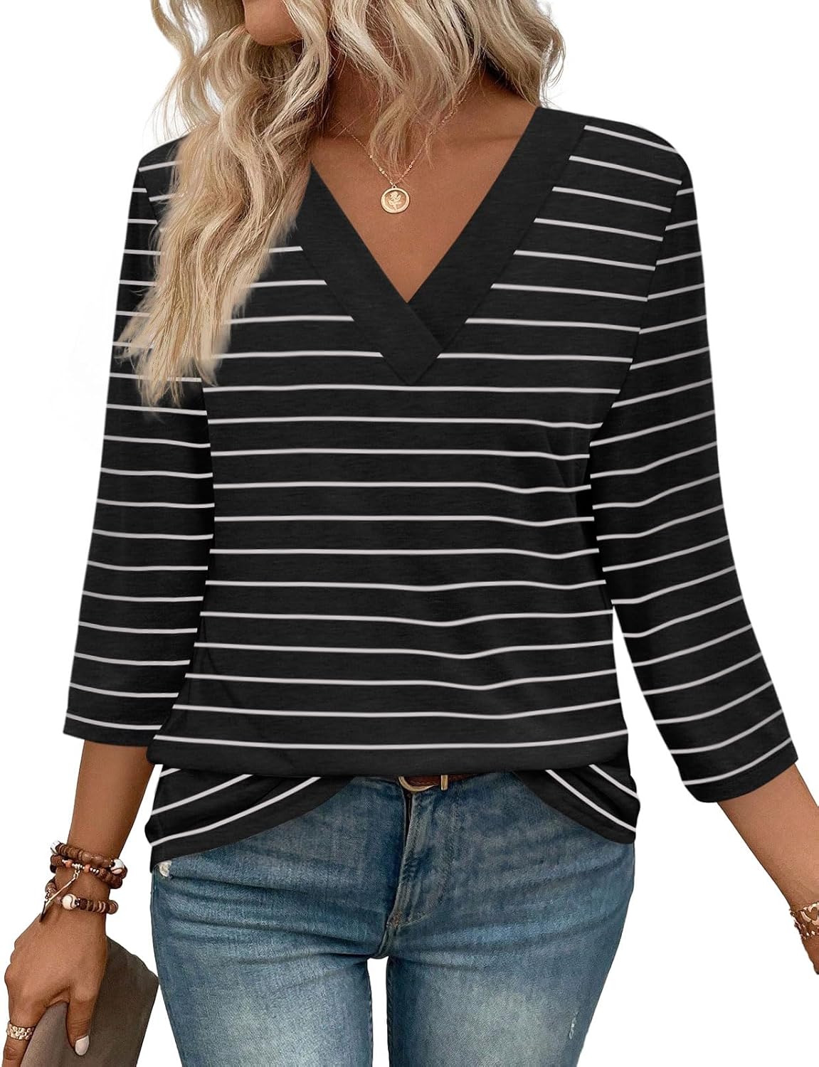 ✨Women's Trendy V Neck 3/4 Long Sleeve Tops Loose Fit Blouse (Buy 3 Free Shipping)