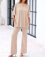 CLEARANCE SALEš„Casual 2-Piece Loose-Fit Short Sleeve Top & Wide-Leg Pants Set with Pockets