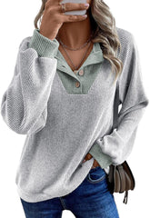 ✨Women's Colorblock Button Up V Neck Long Sleeve Casual Sweatshirts
