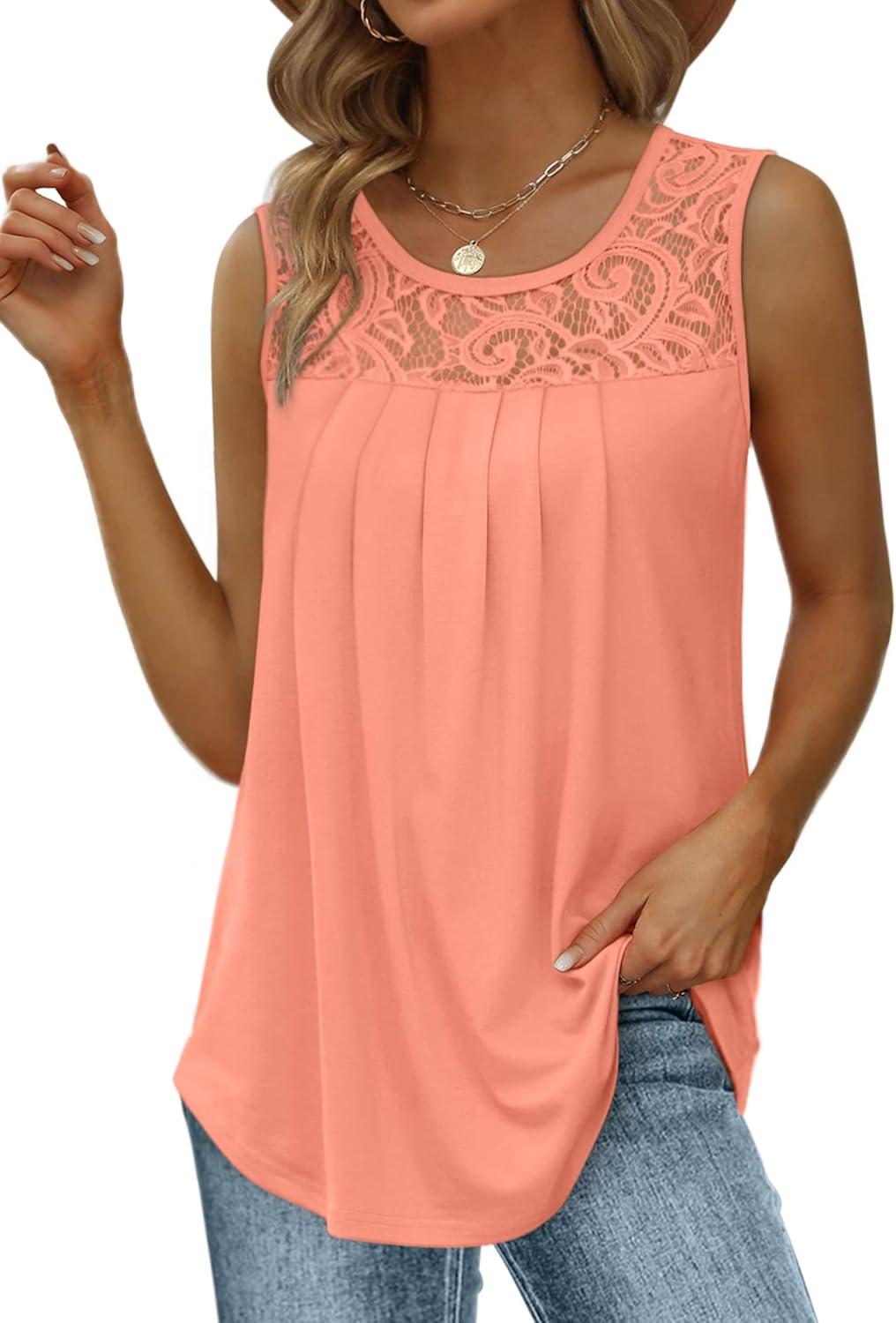 ✨Women's Loose Fit Pleated Scoop Neck Sleeveless Lace Tank Tops (Buy 3 Free Shipping)