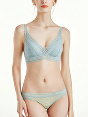 Semi-sheer Lace Scoop Bras, Comfort Wireless Everyday Bra Set Blue