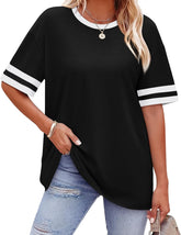 ✨ Women's Oversized Crew Neck Colorblock Striped Sleeve T-shirt