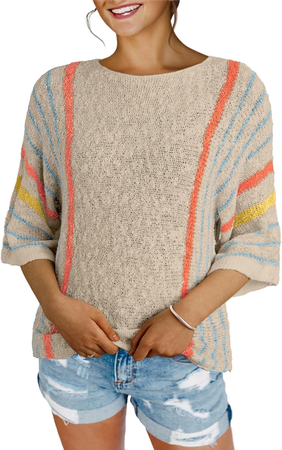 ✨Hot Sale-Women's Casual Color Block Striped Cable Knit Boho Sweater(Buy 2 Free Shipping)