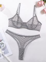 Sexy Polka Dot Half Cup Ultra Thin See Through Lingerie Set LightGray