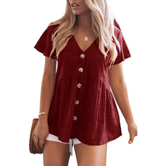 Women's Short Sleeve V Neck Blouse Button Down Shirt Loose Casual Ruffle Hem Babydoll Peplum Top