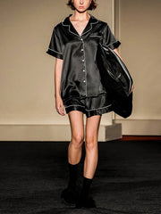 Threaded Solid Color Short Sleeve Shorts Casual Lapel Loungewear Set Black