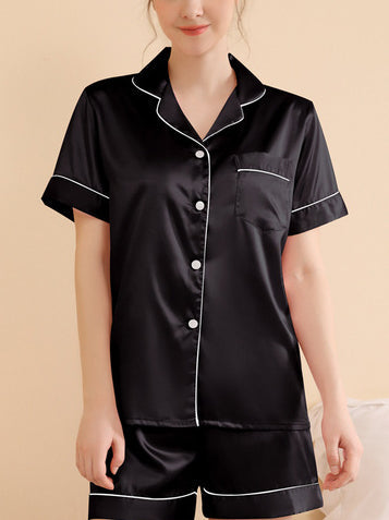 Threaded Solid Color Short Sleeve Shorts Casual Lapel Loungewear Set Black