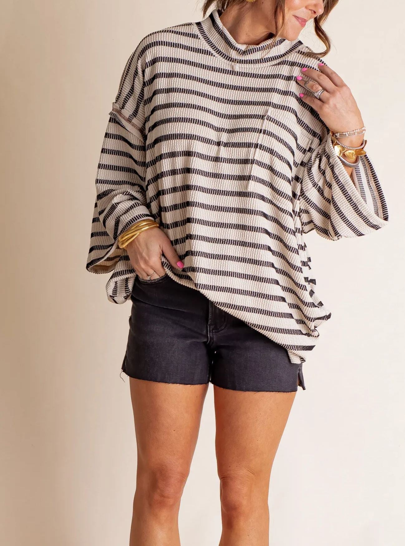 Women's 2025 Spring New Ribbed Striped Crew Neck Pocket Top(Buy 2 Free Shipping)