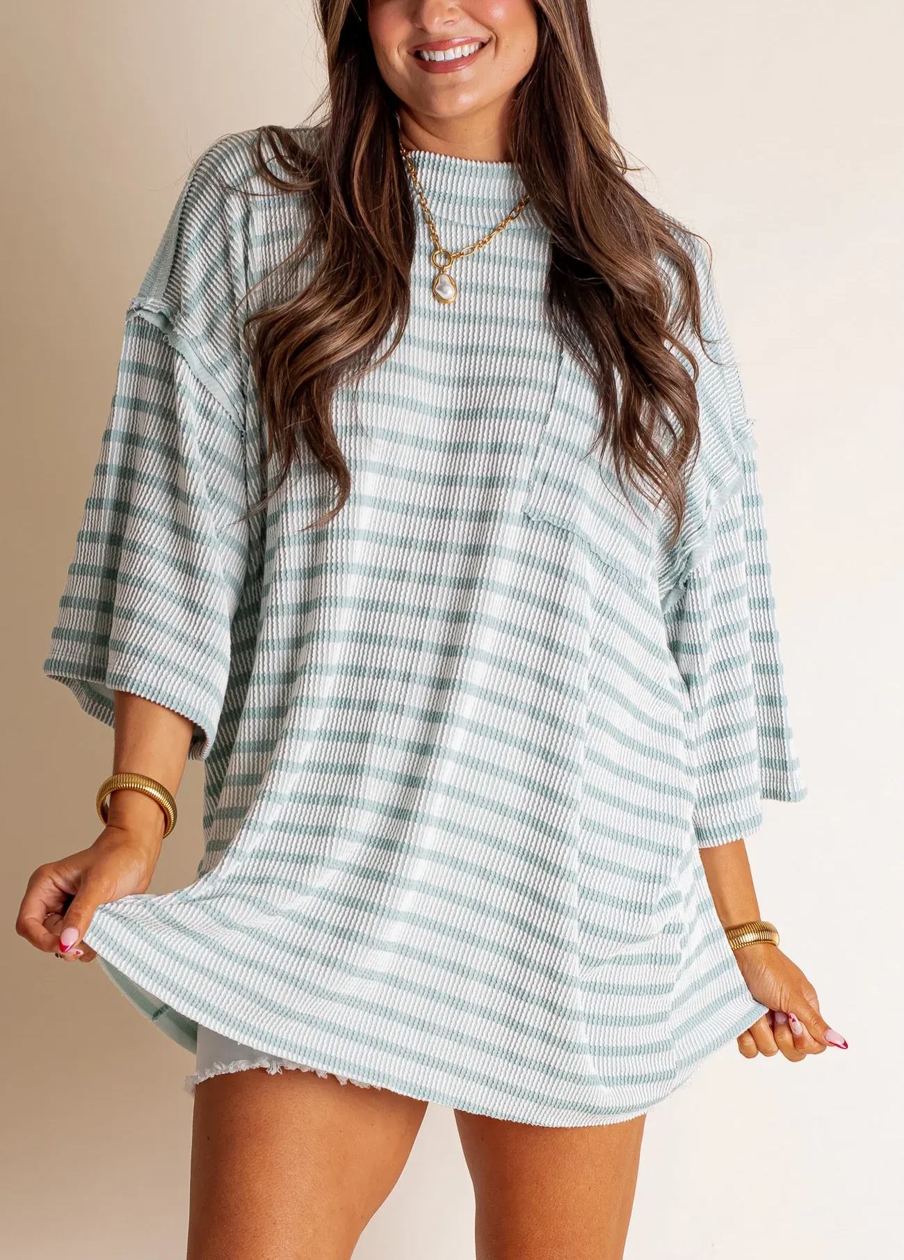 Women's 2025 Spring New Ribbed Striped Crew Neck Pocket Top(Buy 2 Free Shipping)