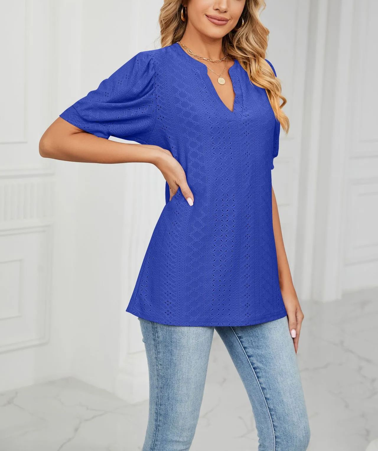 ✨Women's Loose Solid Color Hollow Bubble Short Sleeve Top(Buy 3 Free Shipping)