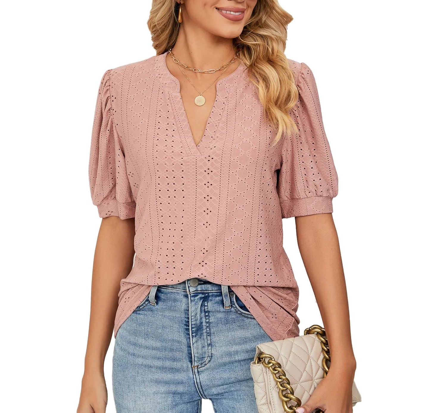 ✨Women's Loose Solid Color Hollow Bubble Short Sleeve Top(Buy 3 Free Shipping)