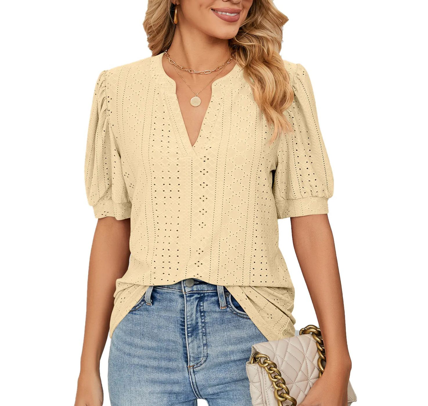✨Women's Loose Solid Color Hollow Bubble Short Sleeve Top(Buy 3 Free Shipping)