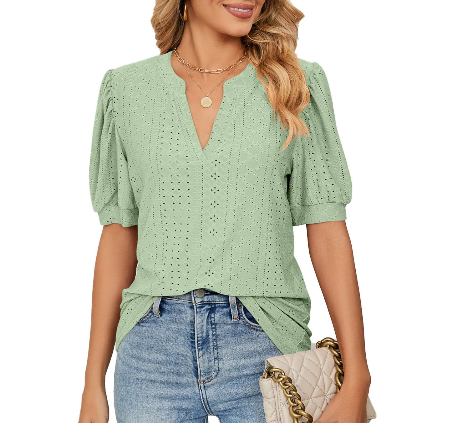 ✨Women's Loose Solid Color Hollow Bubble Short Sleeve Top(Buy 3 Free Shipping)