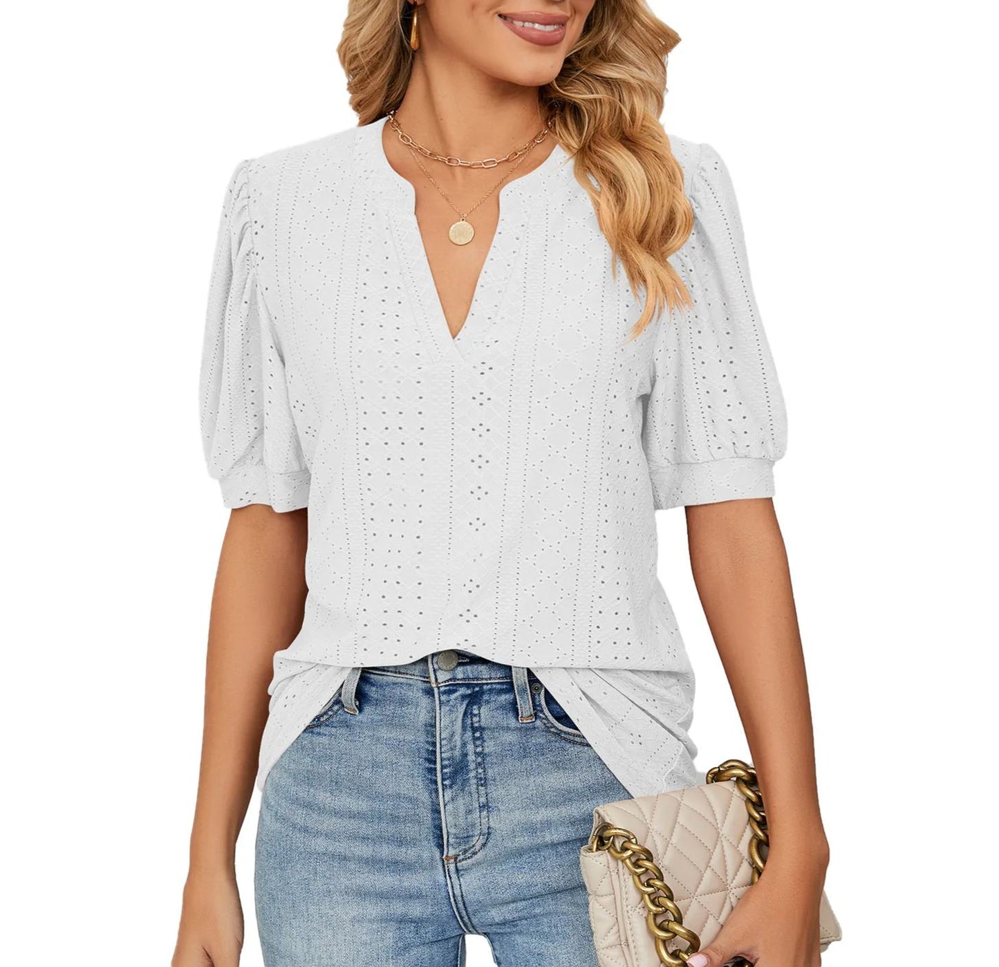 ✨Women's Loose Solid Color Hollow Bubble Short Sleeve Top(Buy 3 Free Shipping)