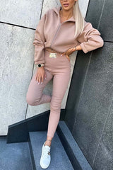 Women's Casual Sports Hooded Zip Top and Leggings Set