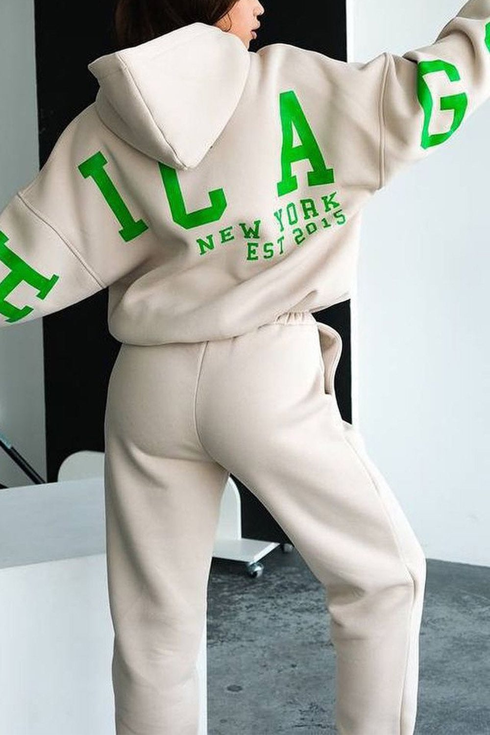 Women's Printed Thickened Hooded Sweatshirt and Pants Two-piece Set