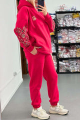 Women's Casual Sleeve Printed Hooded Sweatshirt Set