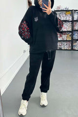 Women's Casual Sleeve Printed Hooded Sweatshirt Set