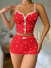 Heart Printed Bow Front Camisole Shorts Cross Back Pajama Set Red