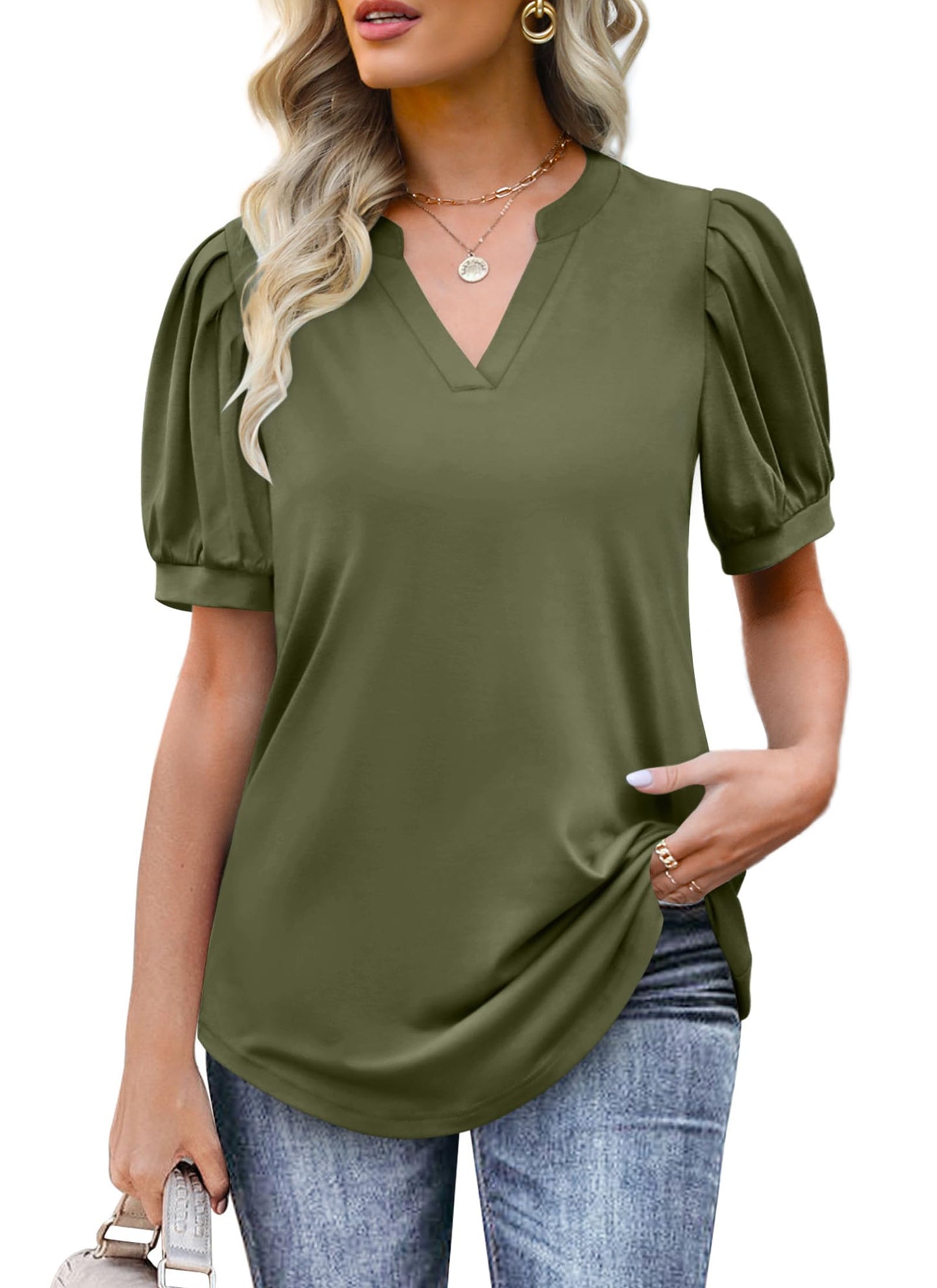✨Women's Pleated Puff Sleeve V Neck Tunic Tops(buy 3 free shipping)