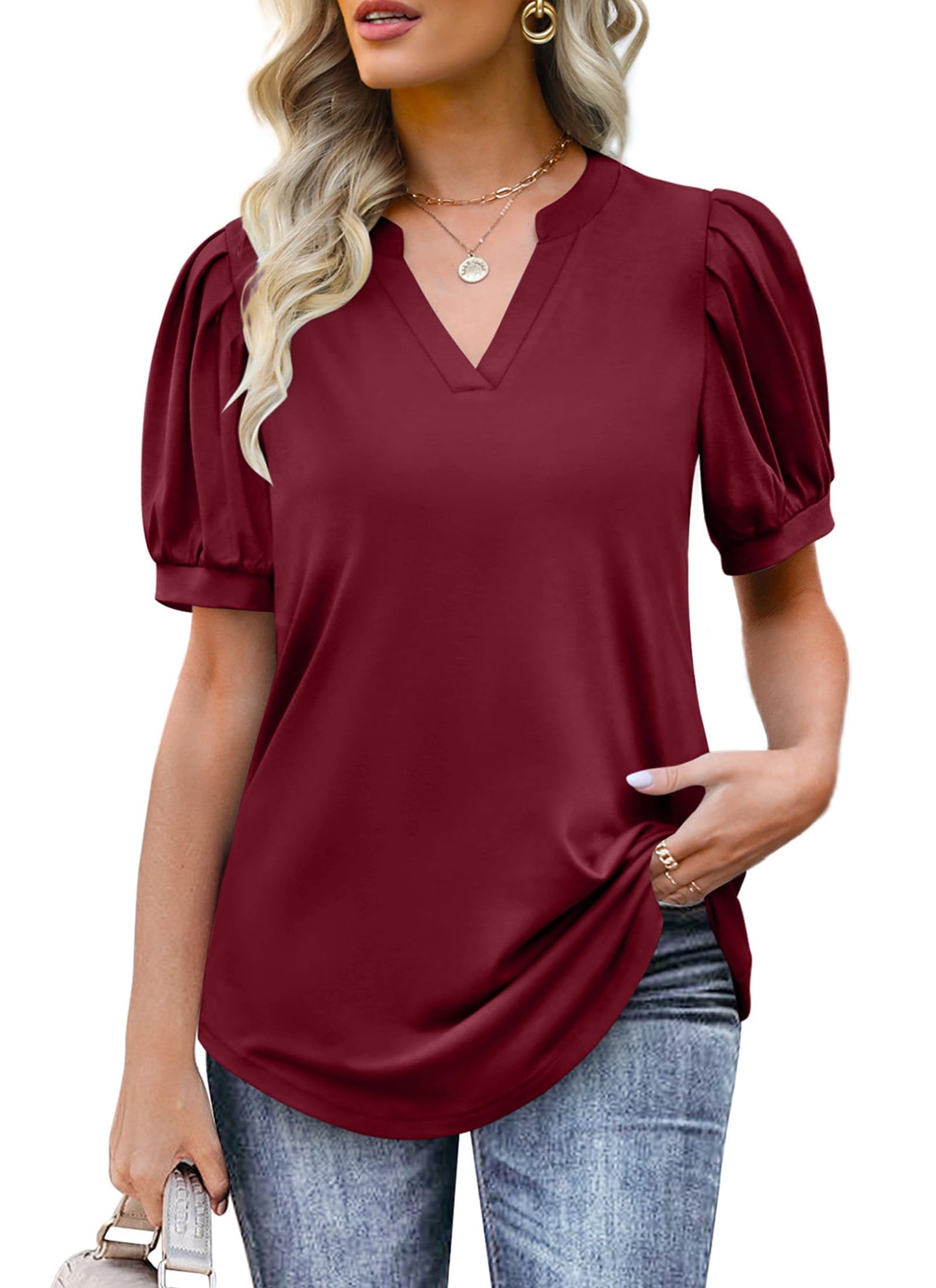 ✨Women's Pleated Puff Sleeve V Neck Tunic Tops(buy 3 free shipping)