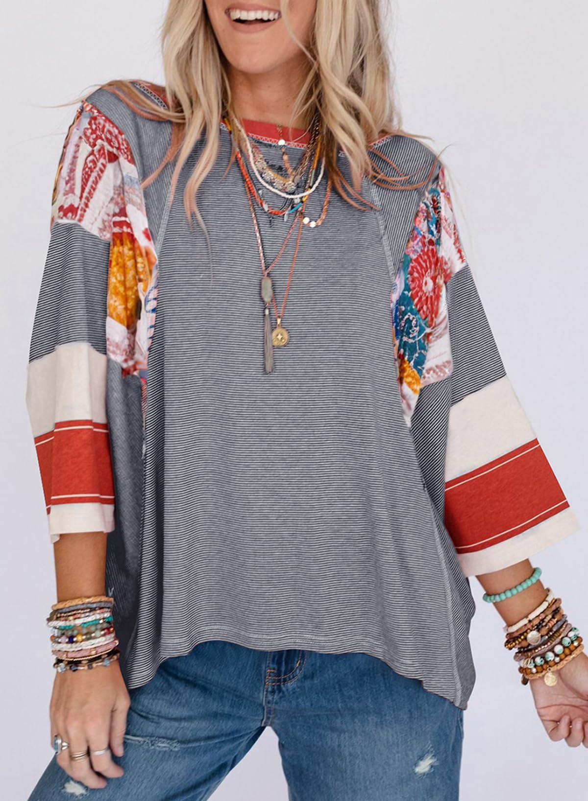 ✨Women's 3/4 Length Sleeve Oversized Striped Patchwork Shirts(buy 2 free shipping)