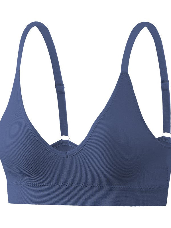Deep V Solid Color Ribbed Knit Seamless Bra