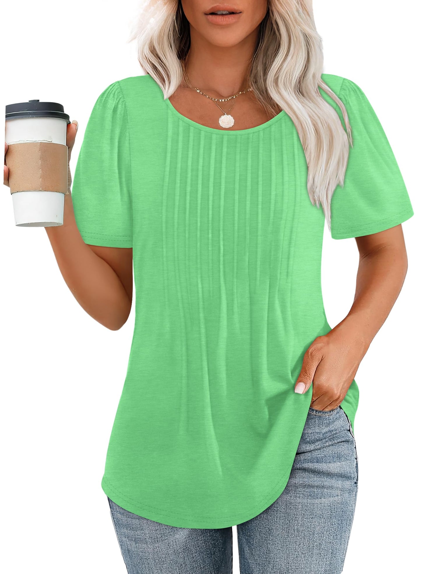 ✨Women's Short Sleeve Pleated Dressy Casual Scooped Neck Tops (Buy 3 Free Shipping)