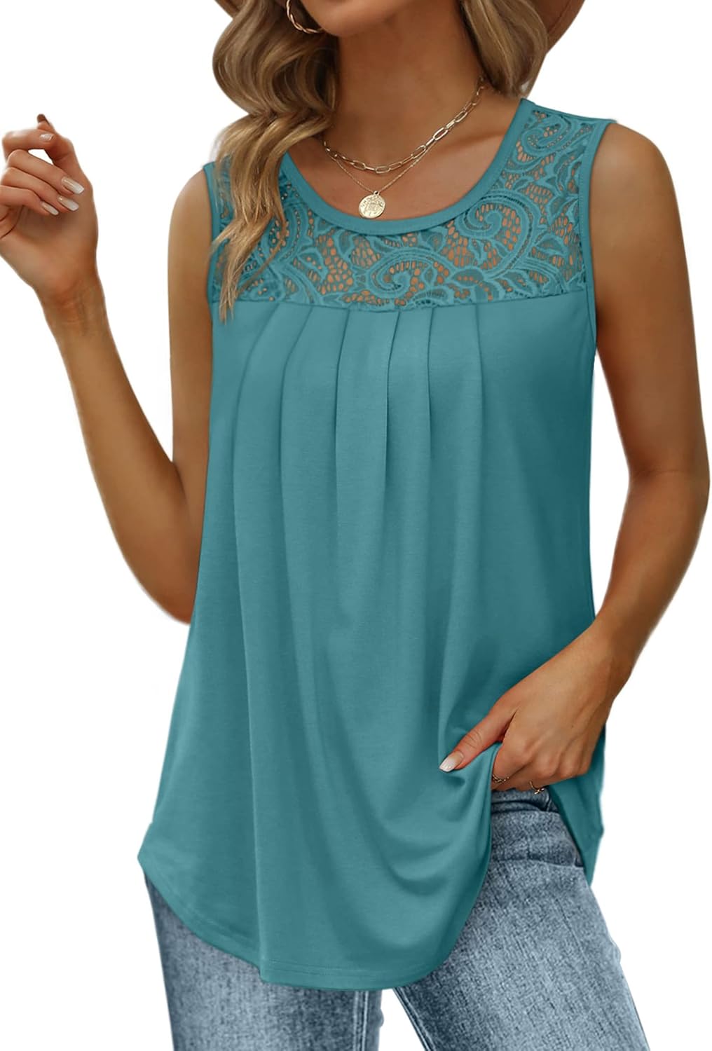 ✨Women's Loose Fit Pleated Scoop Neck Sleeveless Lace Tank Tops (Buy 3 Free Shipping)