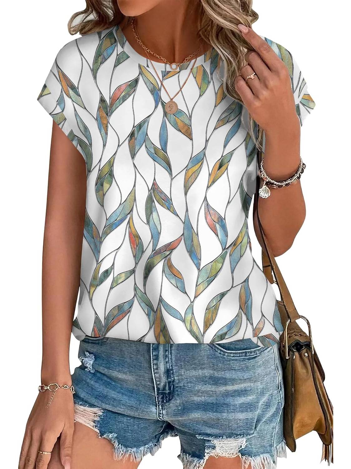 ✨Womens Printing Dressy Casual Cap Sleeve Tops with Curved Hem(Buy 3 Free Shipping)