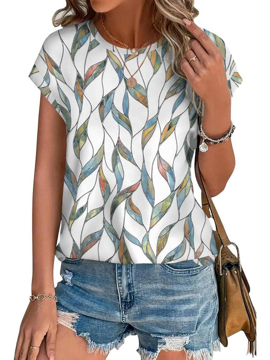 ✨Womens Printing Dressy Casual Cap Sleeve Tops with Curved Hem(Buy 3 Free Shipping)