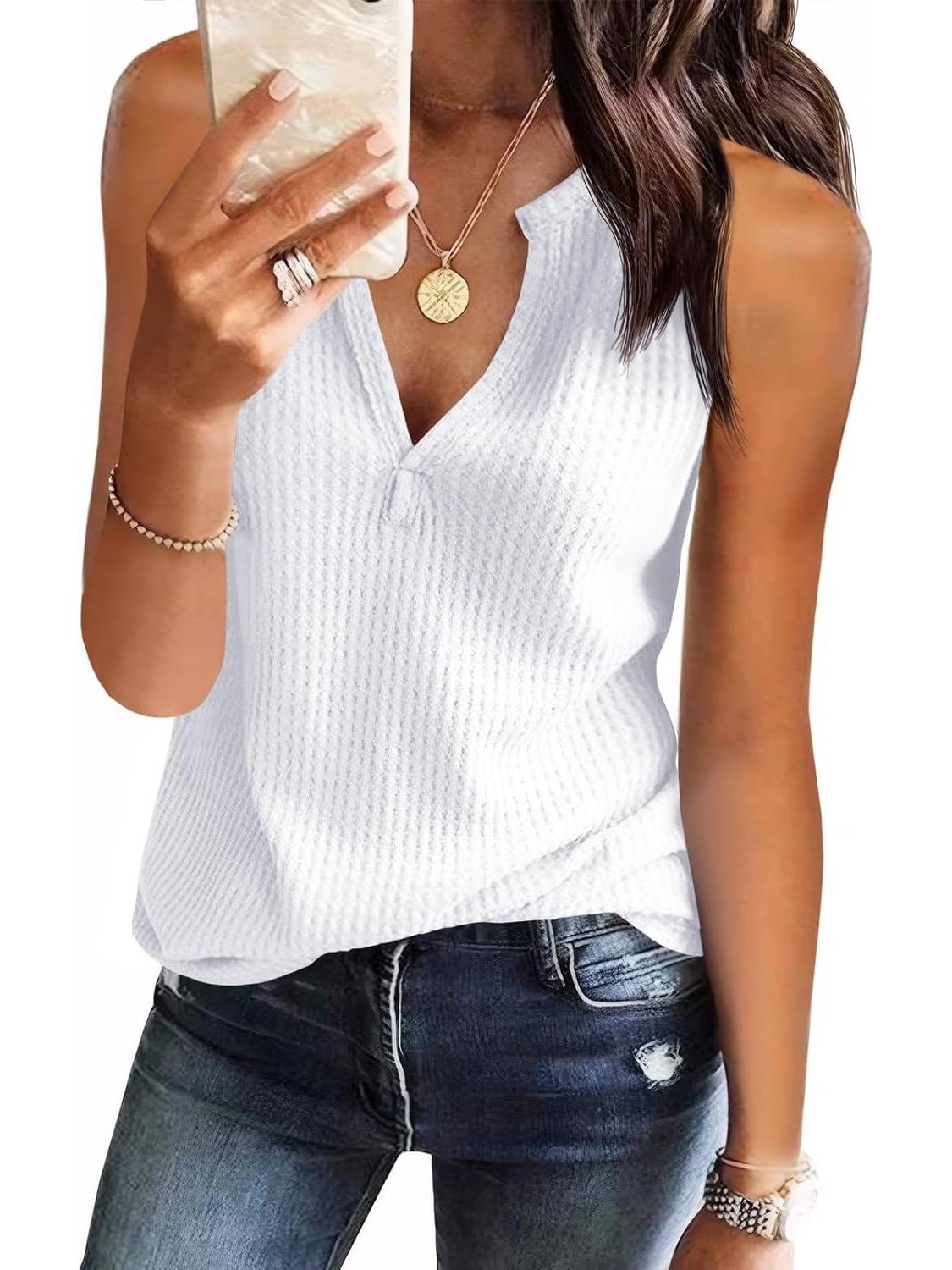 ✨Womens V Neck Waffle Knit Summer Casual Sleeveless Loose Tank Tops(Buy 3 Free Shipping)