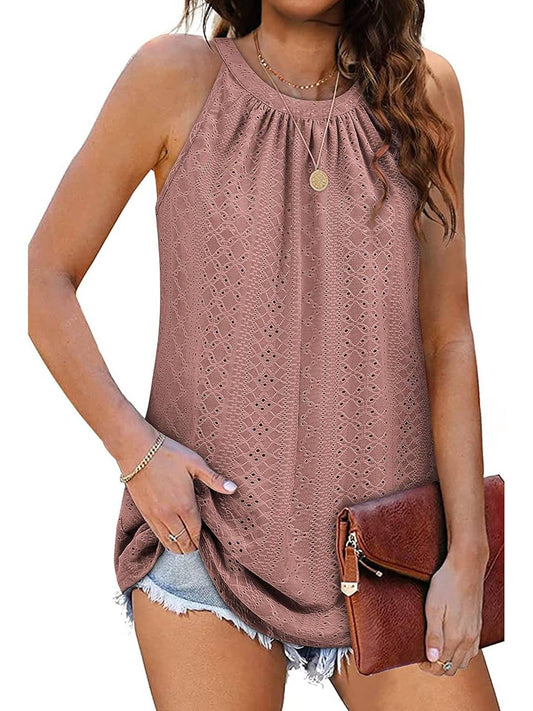 ✨Women Casual Pleated Eyelet Loose Fit High Neck Sleeveless Halter Tank Tops(Buy 3 Free Shipping)
