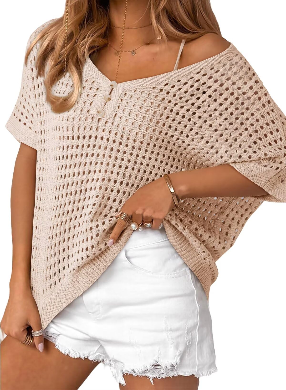 ✨Womens Summer V Neck Short Sleeve Button Down Sweater Casual Crochet Hollow Out Knit Tops Beach Coverup (Buy 2 Free Shipping!!!)