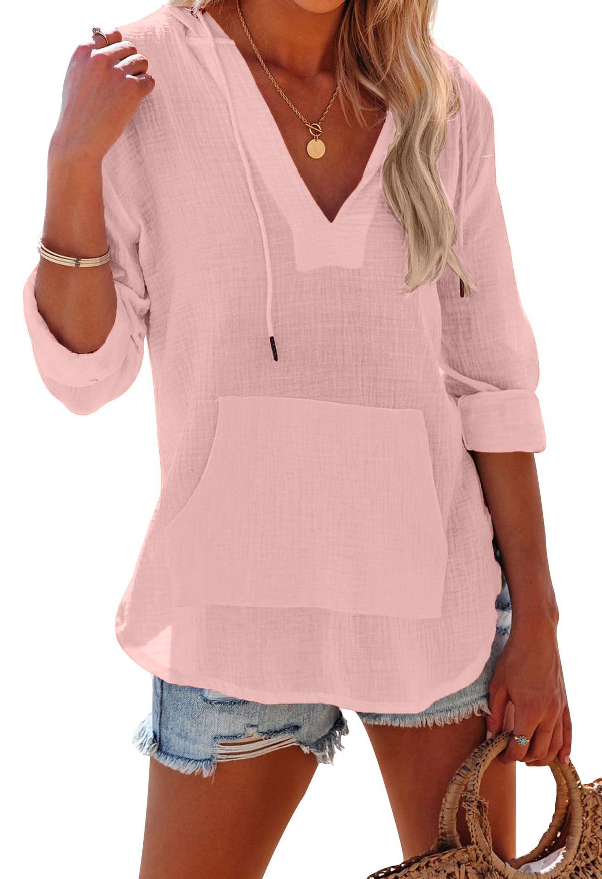 ✨ Women's Long Sleeve V Neck Pocketed Hooded Shirt Top(buy 2 free shipping)
