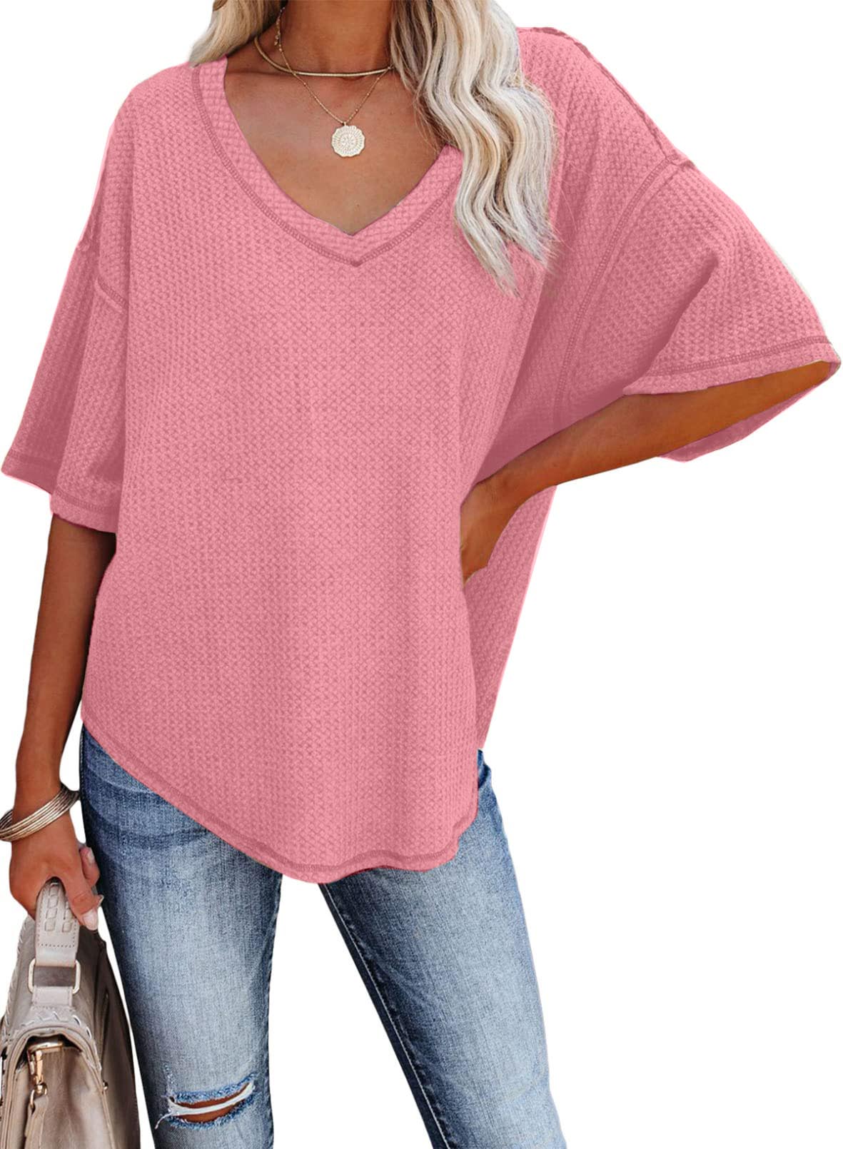 ✨Women's Causual V Neck Short Sleeve Shirts Waffle Knit Loose Tunic Tops(buy 3 free shipping)