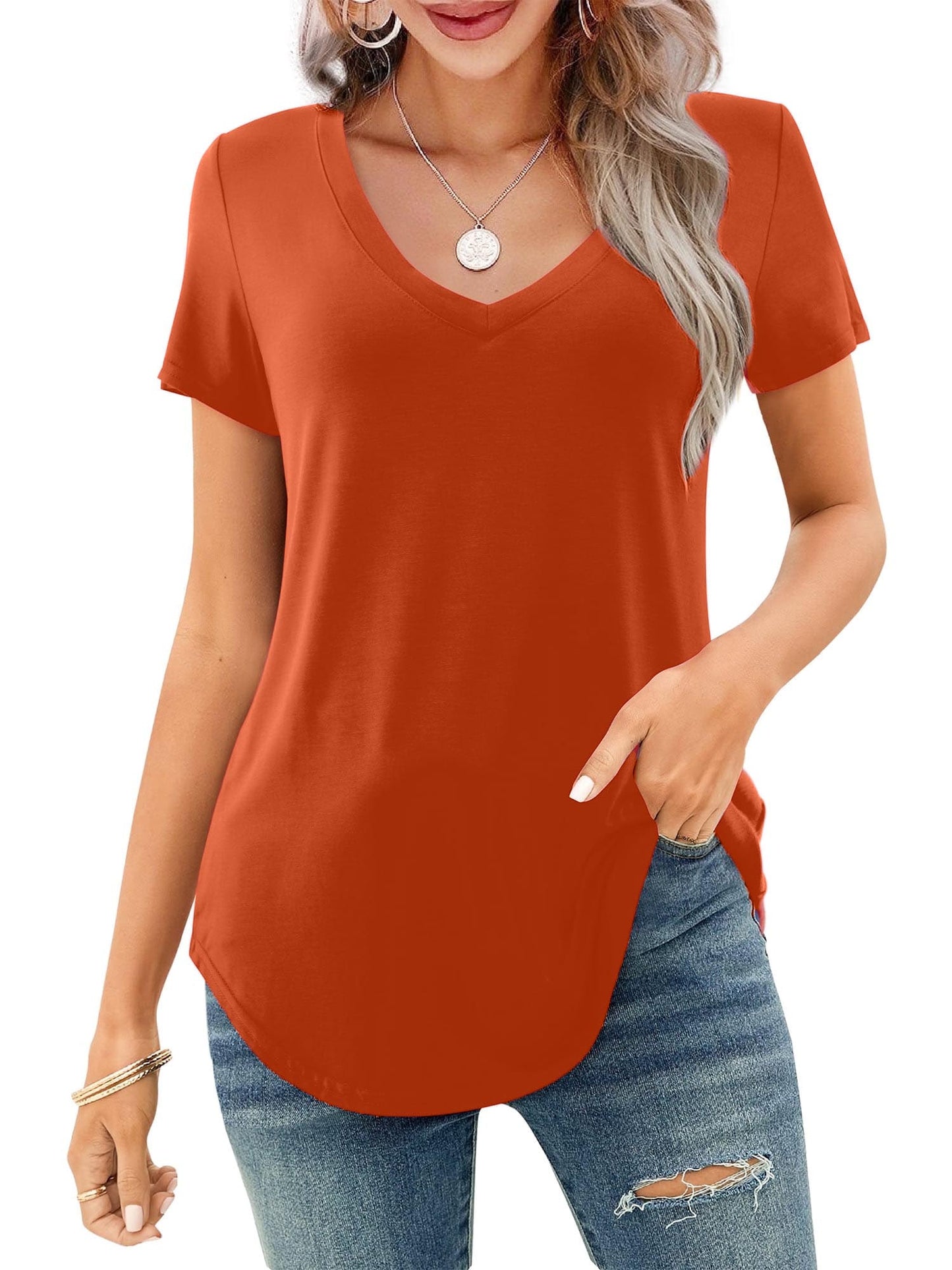✨Women's V-neck Short Sleeve Curved Hem Tee Top (Buy 3 Free Shipping)