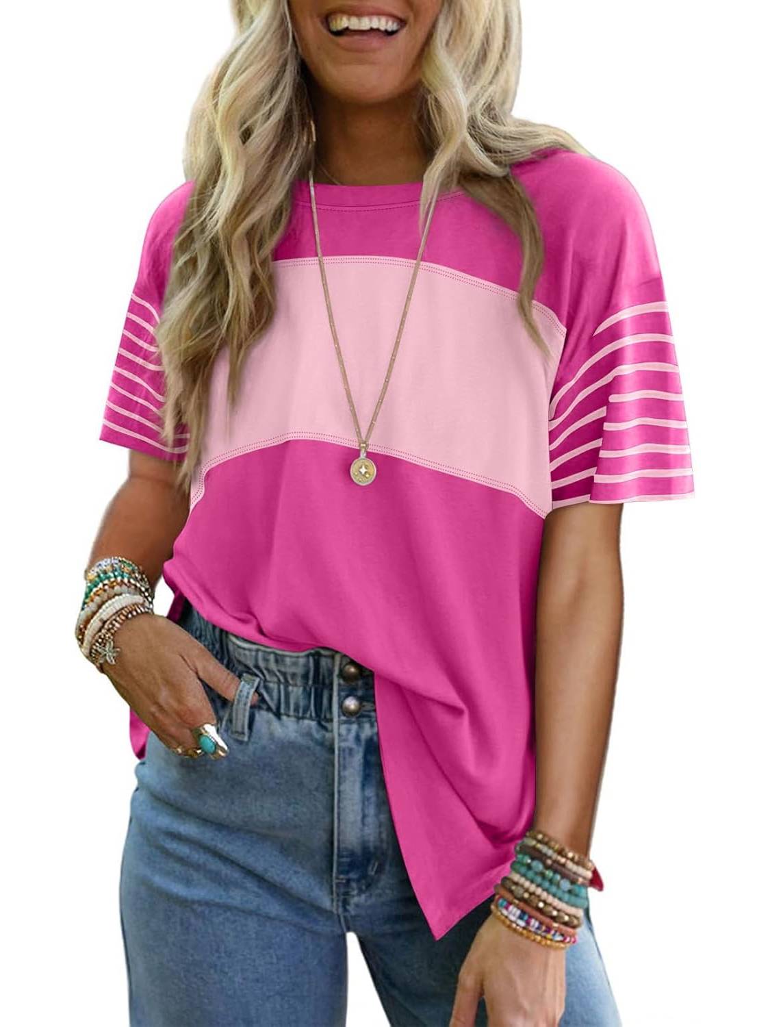 ✨Womens Oversized Crewneck Casual Color Block Striped Shirts Blouses(Buy 3 Free Shipping)