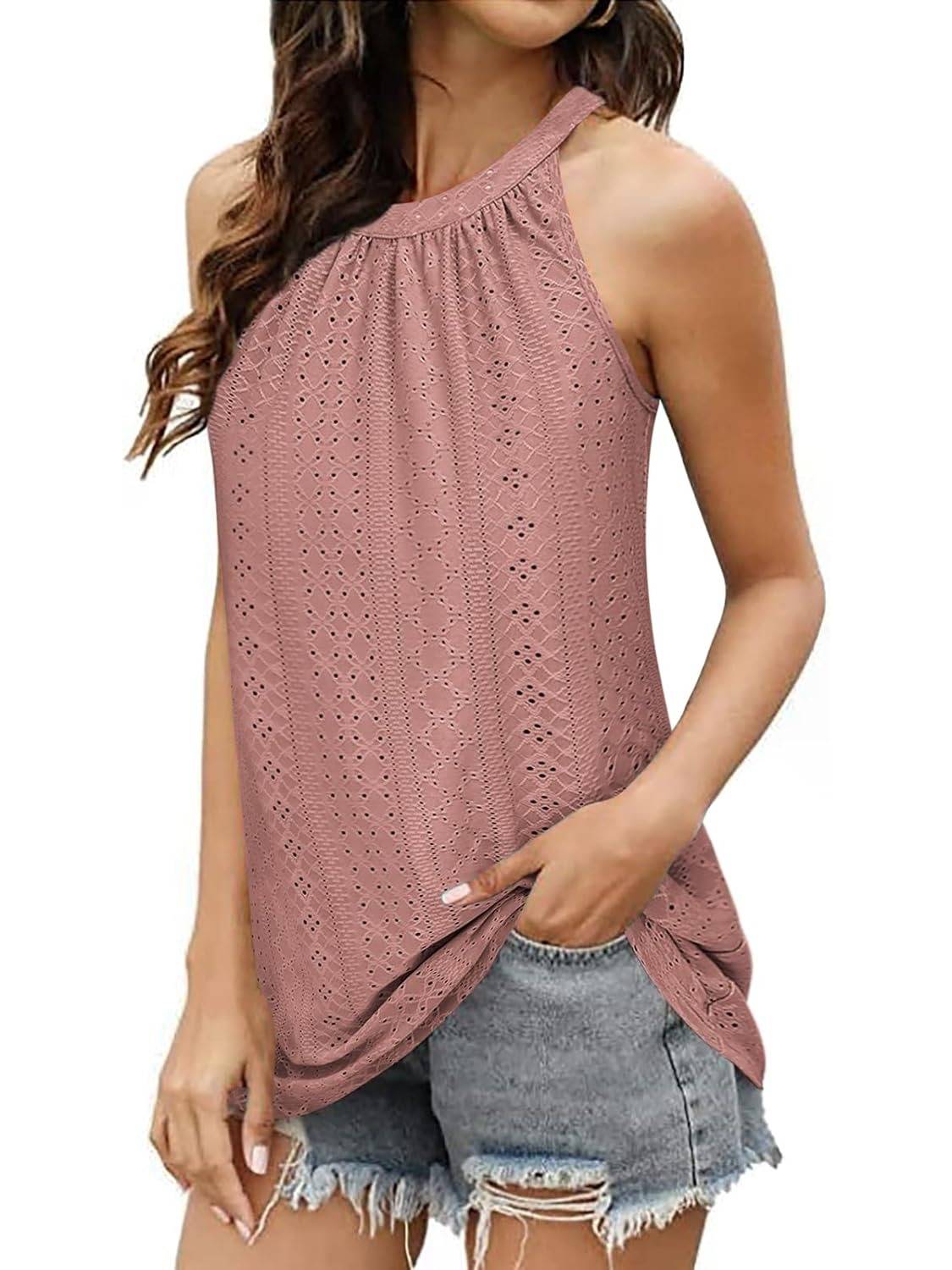 ✨Women Casual Pleated Eyelet Loose Fit High Neck Sleeveless Halter Tank Tops(Buy 3 Free Shipping)