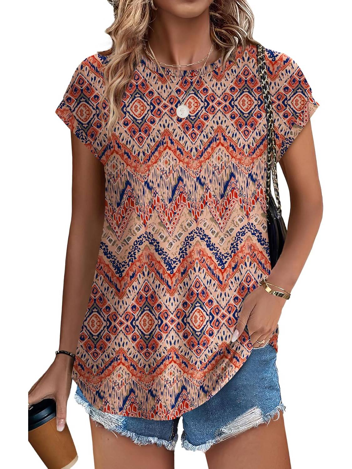✨Womens Printing Dressy Casual Cap Sleeve Tops with Curved Hem(Buy 3 Free Shipping)