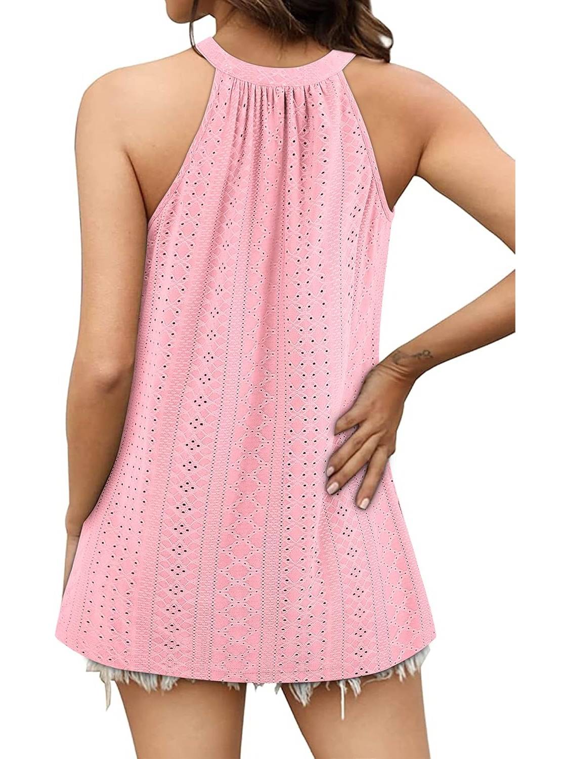 ✨Women Casual Pleated Eyelet Loose Fit High Neck Sleeveless Halter Tank Tops(Buy 3 Free Shipping)