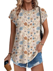 ✨Womens Printing Dressy Casual Cap Sleeve Tops with Curved Hem(Buy 3 Free Shipping)