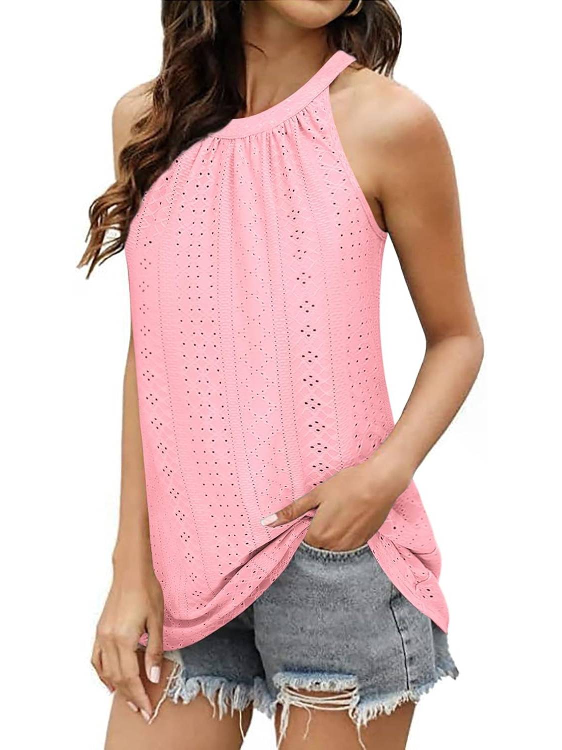 ✨Women Casual Pleated Eyelet Loose Fit High Neck Sleeveless Halter Tank Tops(Buy 3 Free Shipping)